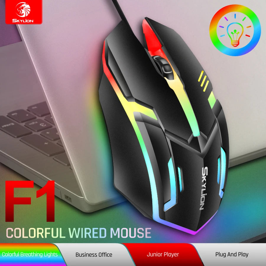 F1 Wired 3 Keys Mouse Colorful Lighting Gaming and Office For Microsoft Windows and Apple IOS System