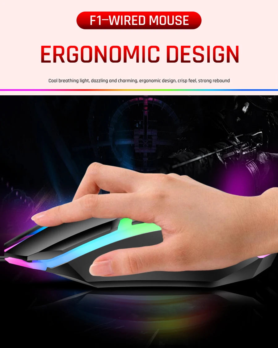 F1 Wired 3 Keys Mouse Colorful Lighting Gaming and Office For Microsoft Windows and Apple IOS System