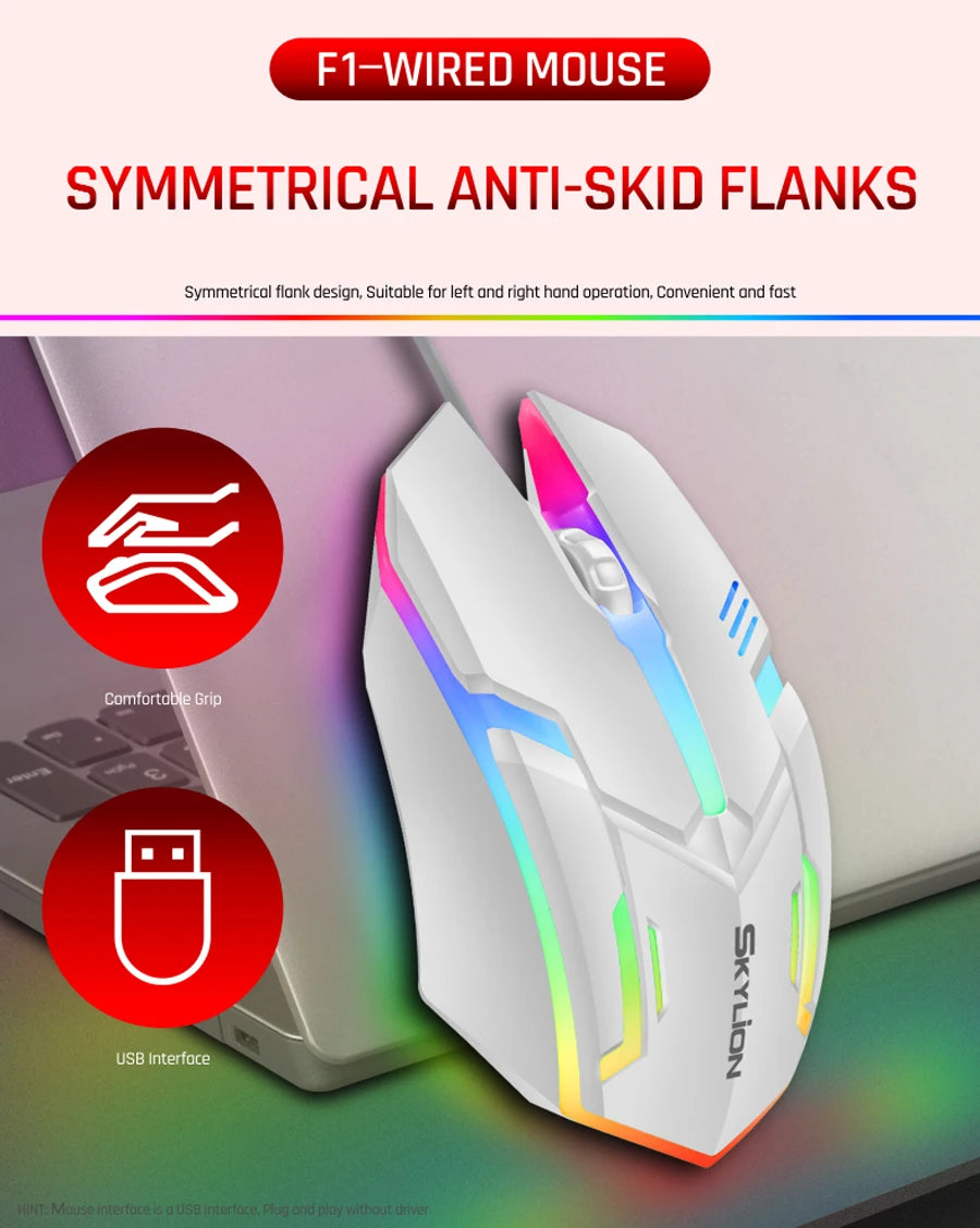F1 Wired 3 Keys Mouse Colorful Lighting Gaming and Office For Microsoft Windows and Apple IOS System