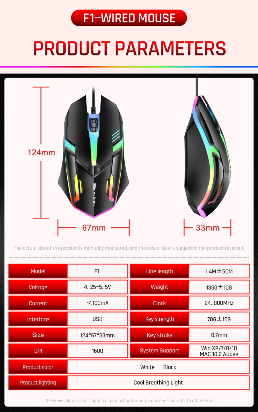 F1 Wired 3 Keys Mouse Colorful Lighting Gaming and Office For Microsoft Windows and Apple IOS System