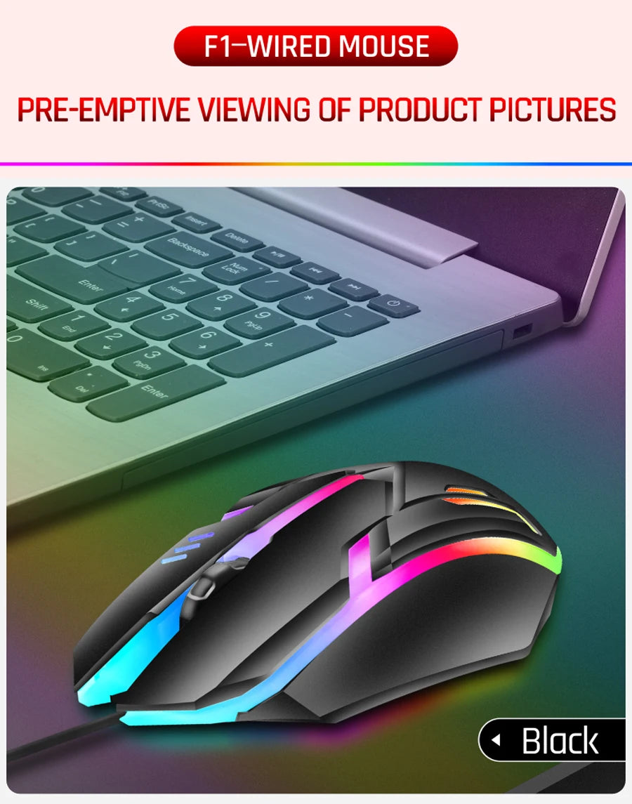 F1 Wired 3 Keys Mouse Colorful Lighting Gaming and Office For Microsoft Windows and Apple IOS System